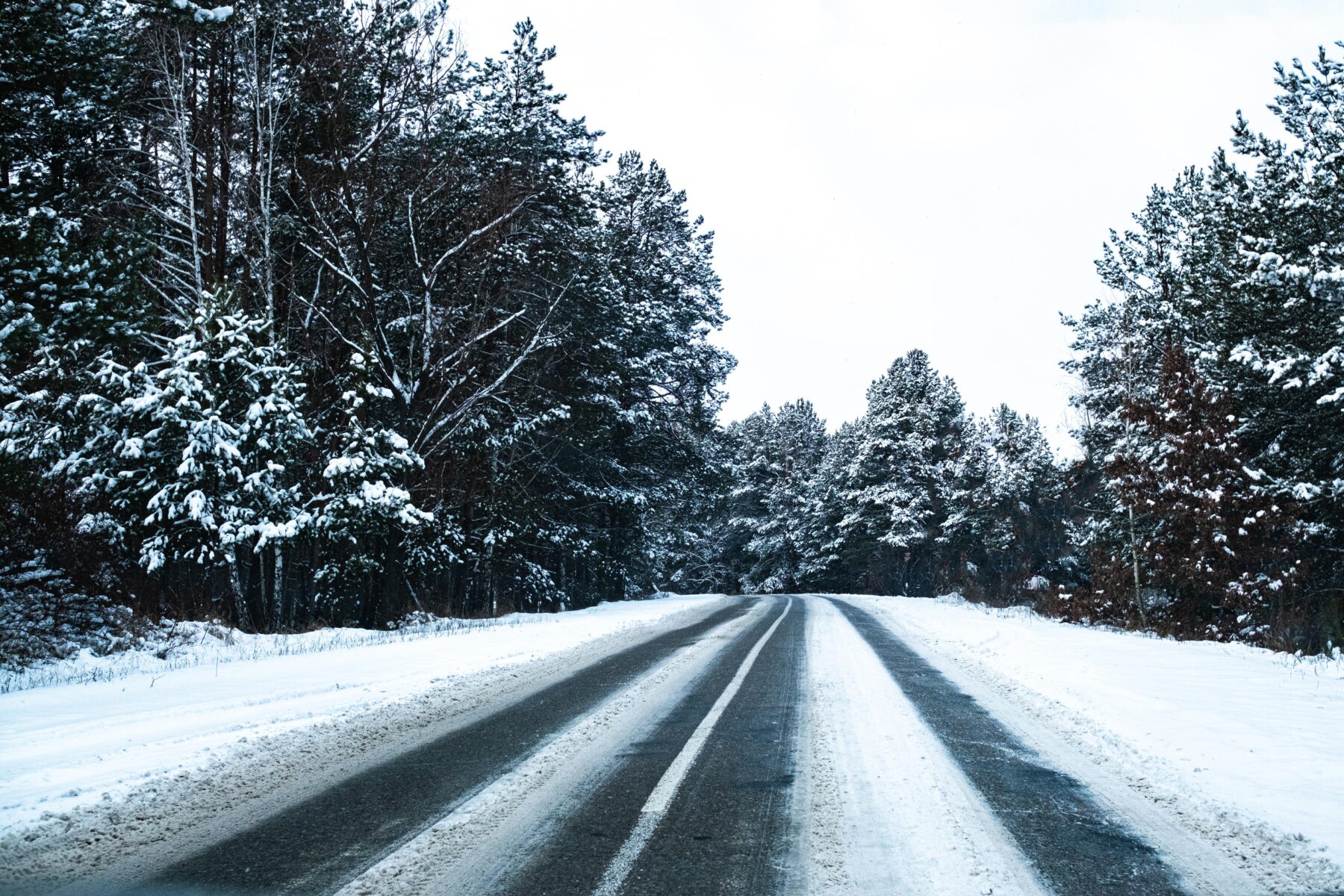 Snow‑covered rural road lined with trees, illustrating how polymer‑modified asphalt improves flexibility and crack resistance in sub‑zero Iowa conditions.